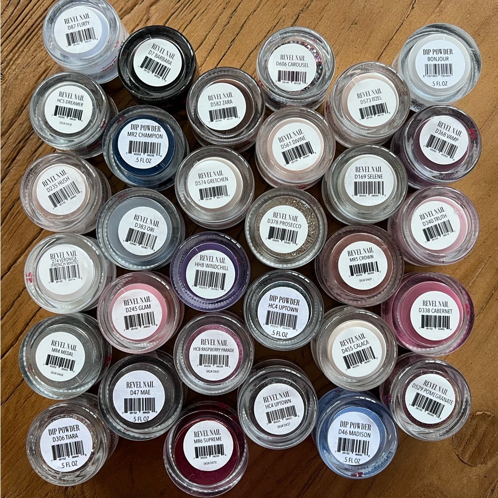 58 Revel Nail Dip Lot, glitters and colors,58 dips and other supplies NWT .5/1oz